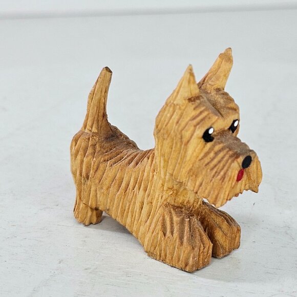 Hand Carved Wooden Dog Figurine Scottish Terrier Design Playful Pose Red Tongue - Picture 5 of 8